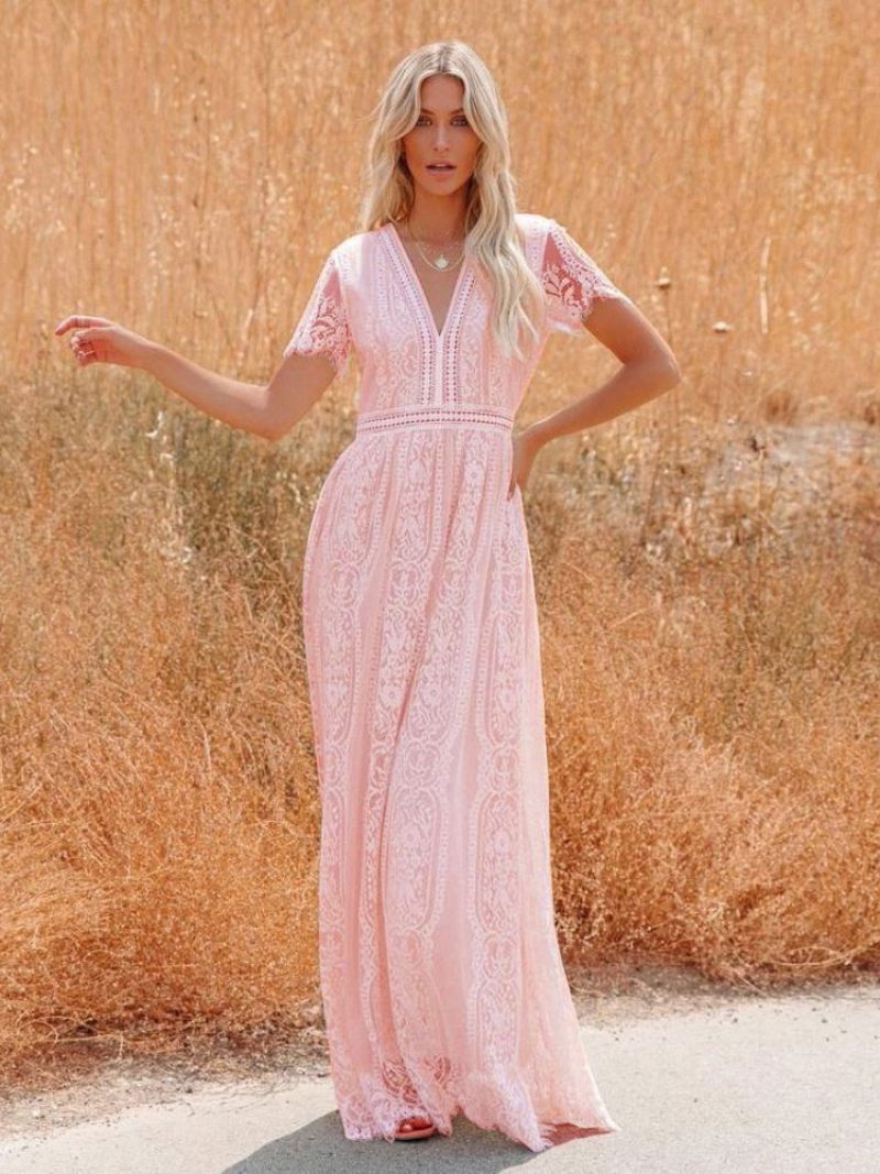 Robe Longue À Col V Pour Femmes Demi-manches Dentelle Style Bohème Longueur Au Sol - Rose