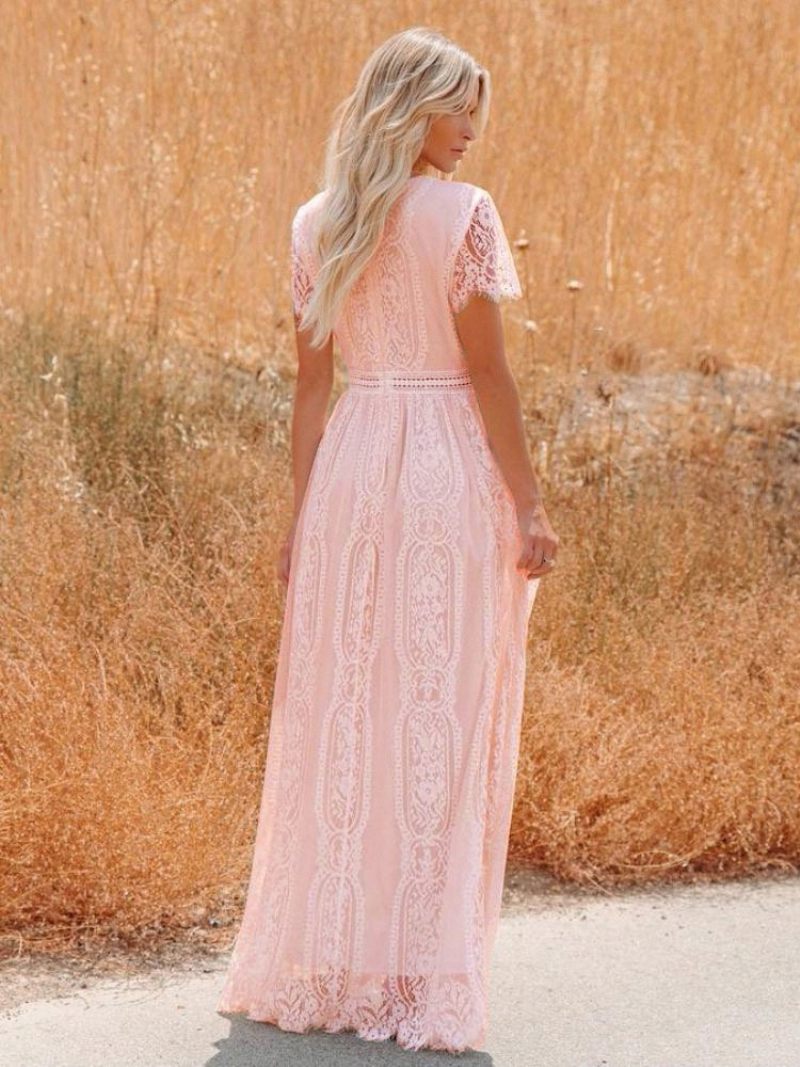 Robe Longue À Col V Pour Femmes Demi-manches Dentelle Style Bohème Longueur Au Sol - Rose