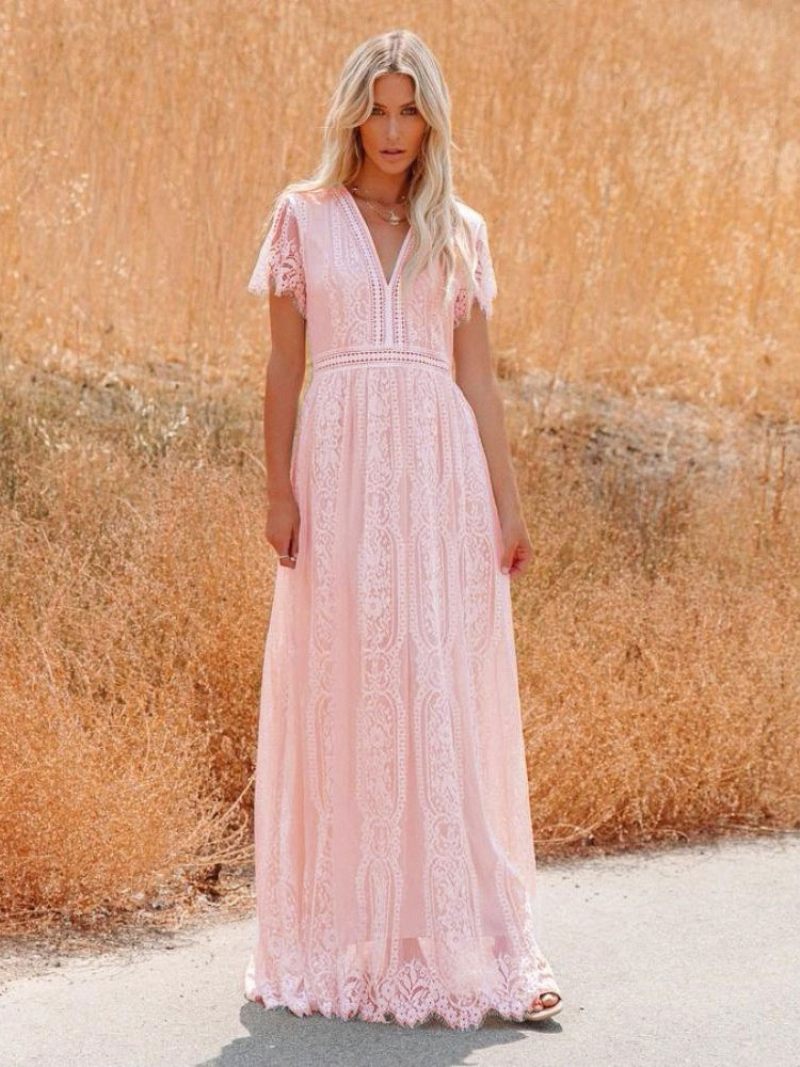 Robe Longue À Col V Pour Femmes Demi-manches Dentelle Style Bohème Longueur Au Sol - Rose