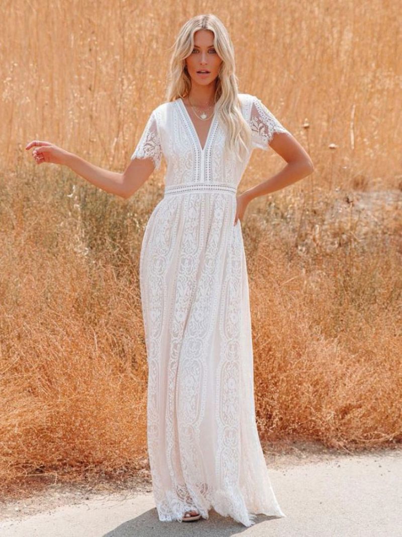 Robe Longue À Col V Pour Femmes Demi-manches Dentelle Style Bohème Longueur Au Sol - Blanc