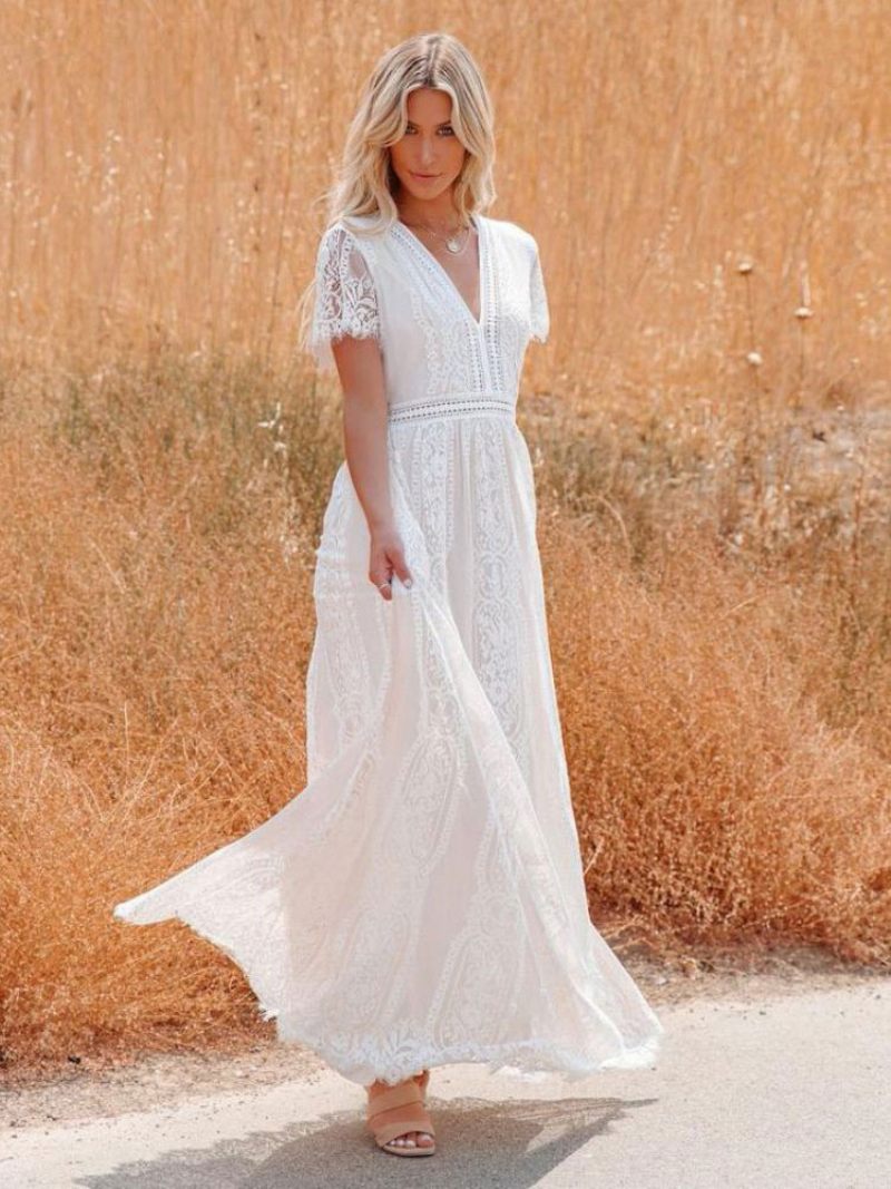 Robe Longue À Col V Pour Femmes Demi-manches Dentelle Style Bohème Longueur Au Sol - Blanc