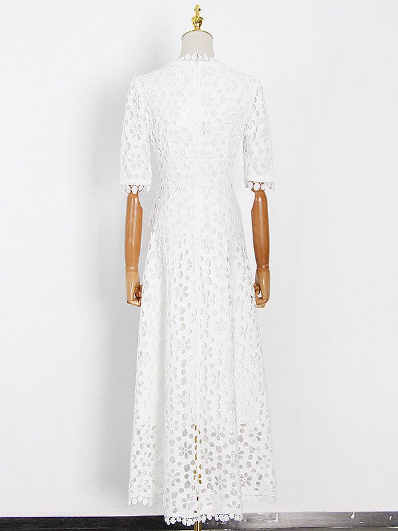 Robe Longue Décontractée À Col V Et Demi-manches Pour Femmes - Blanc