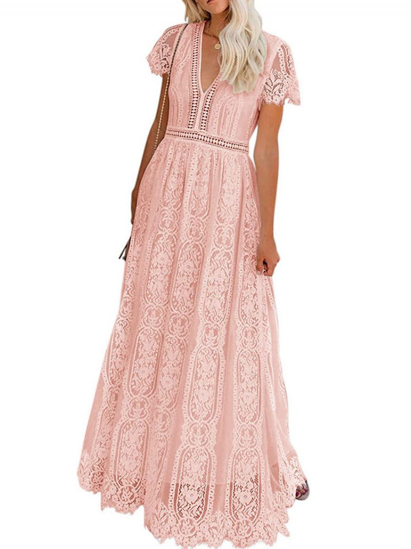 Robe Longue Décontractée À Col V Et Manches Courtes Pour Femmes - Rose Tendre