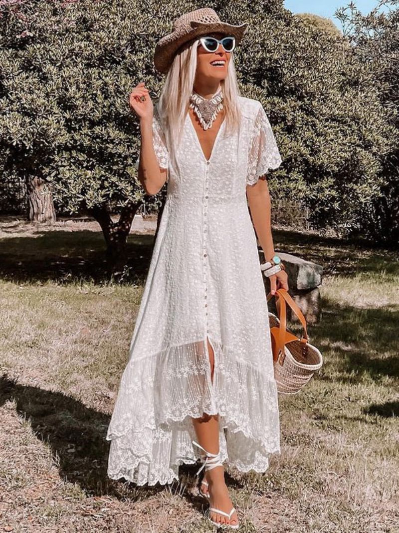 Robe Longue Pour Femmes Col V Manches Courtes Dentelle Décontractée Blanche Style Boho