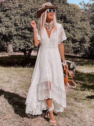 Robe Longue Pour Femmes Col V Manches Courtes Dentelle Décontractée Blanche Style Boho