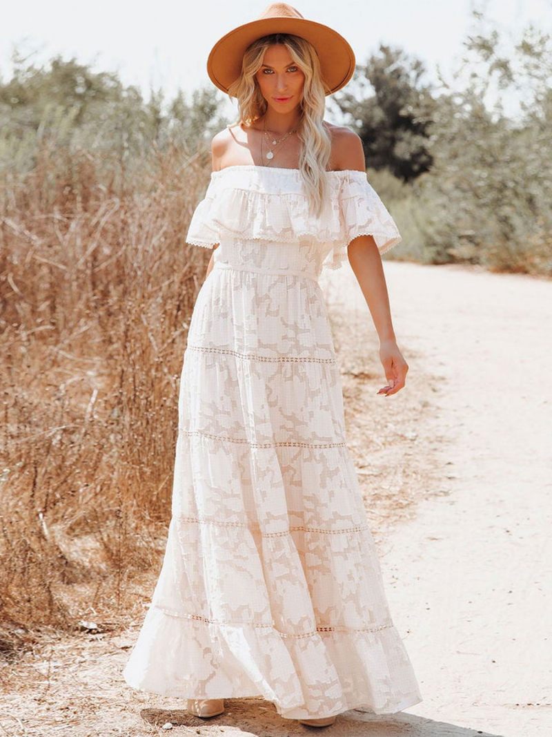 Robe Longue Style Boho Épaules Dénudées Fleur Blanche Ligne A Ourlet Superposé Pour Femmes