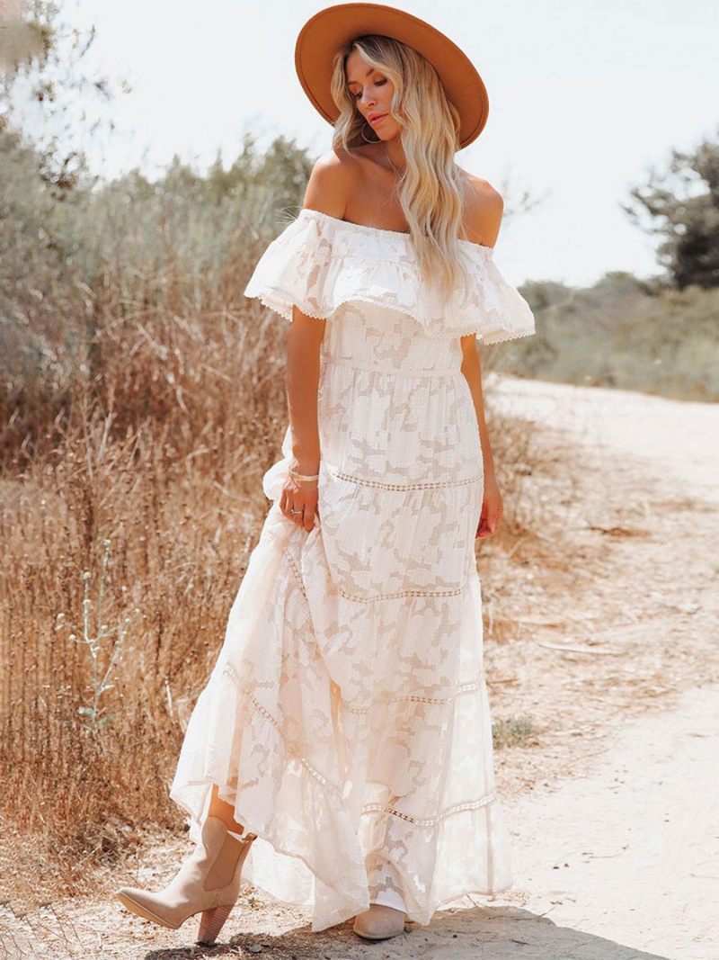 Robe Longue Style Boho Épaules Dénudées Fleur Blanche Ligne A Ourlet Superposé Pour Femmes - Blanc