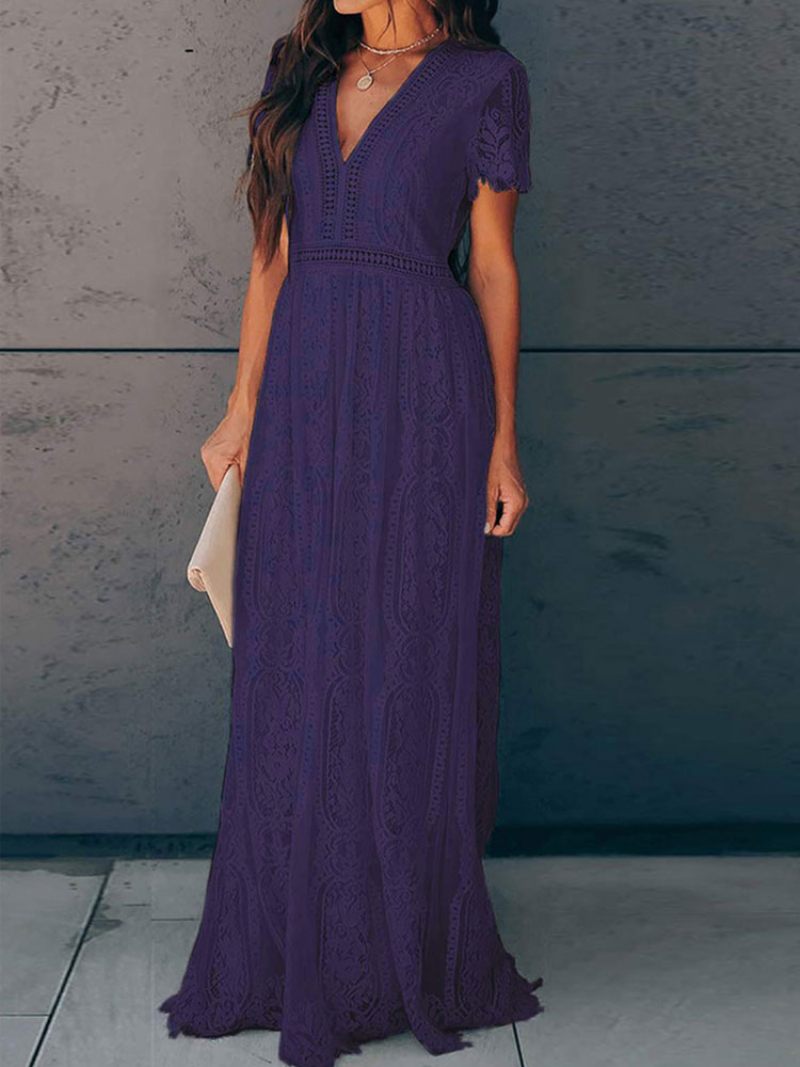 Robe Maxi À Col V Pour Femmes Manches Courtes Creuses Robes Longues D'été Décontractées - Violet