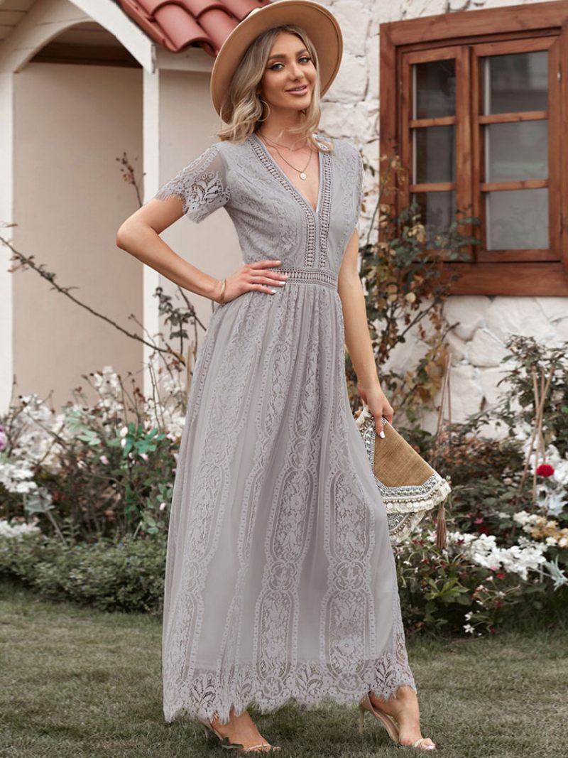 Robe Maxi À Col V Pour Femmes Manches Courtes Creuses Robes Longues D'été Décontractées - Gris