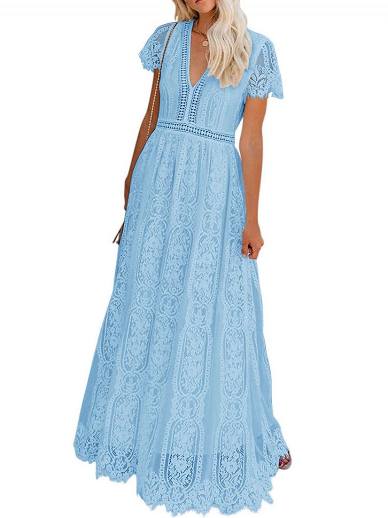 Robe Maxi À Col V Pour Femmes Manches Courtes Creuses Robes Longues D'été Décontractées - Bleu Ciel Clair