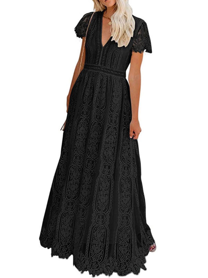 Robe Maxi À Col V Pour Femmes Manches Courtes Creuses Robes Longues D'été Décontractées - Noir