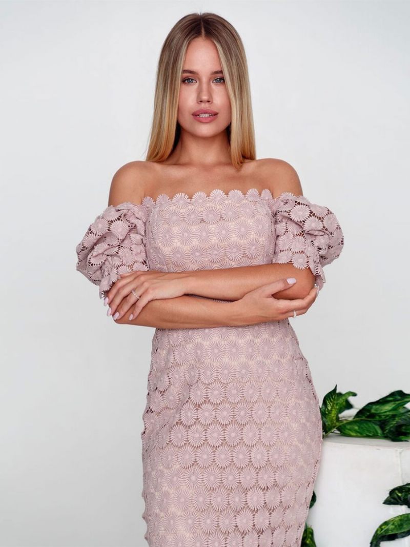 Robe Midi Sexy Dentelle À Col Carré Et Manches Courtes Pour Femmes - Rose