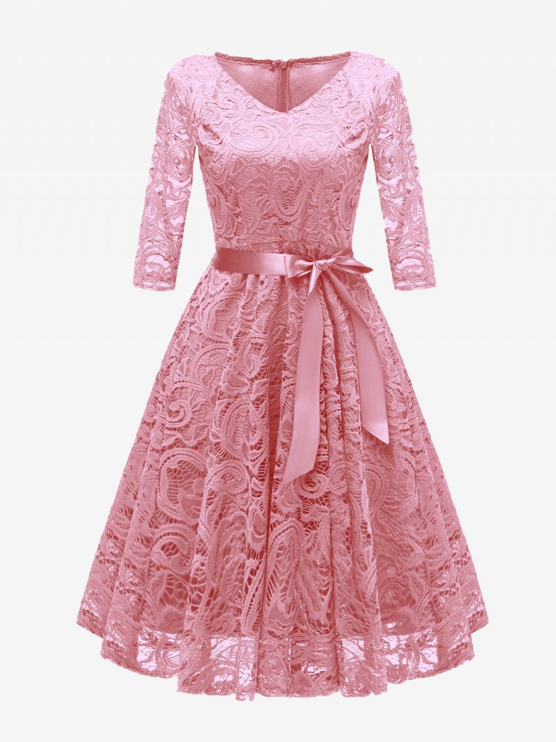 Robe Vintage Dentelle Pour Femmes Col V Nœuds Couleur Unie Courte Soirée - Rose