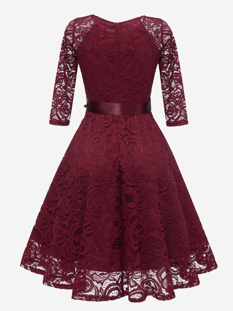 Robe Vintage Dentelle Pour Femmes Col V Nœuds Couleur Unie Courte Soirée - Bourgogne