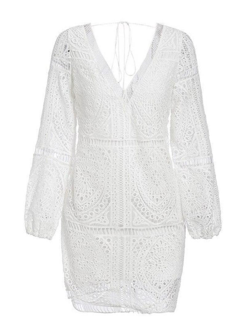 Robes Dentelle Blanche Pour Femmes Col V Manches Longues Dos Nu Sexy - Blanc