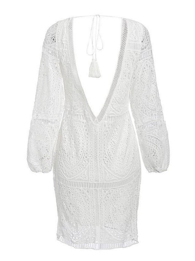 Robes Dentelle Blanche Pour Femmes Col V Manches Longues Dos Nu Sexy - Blanc