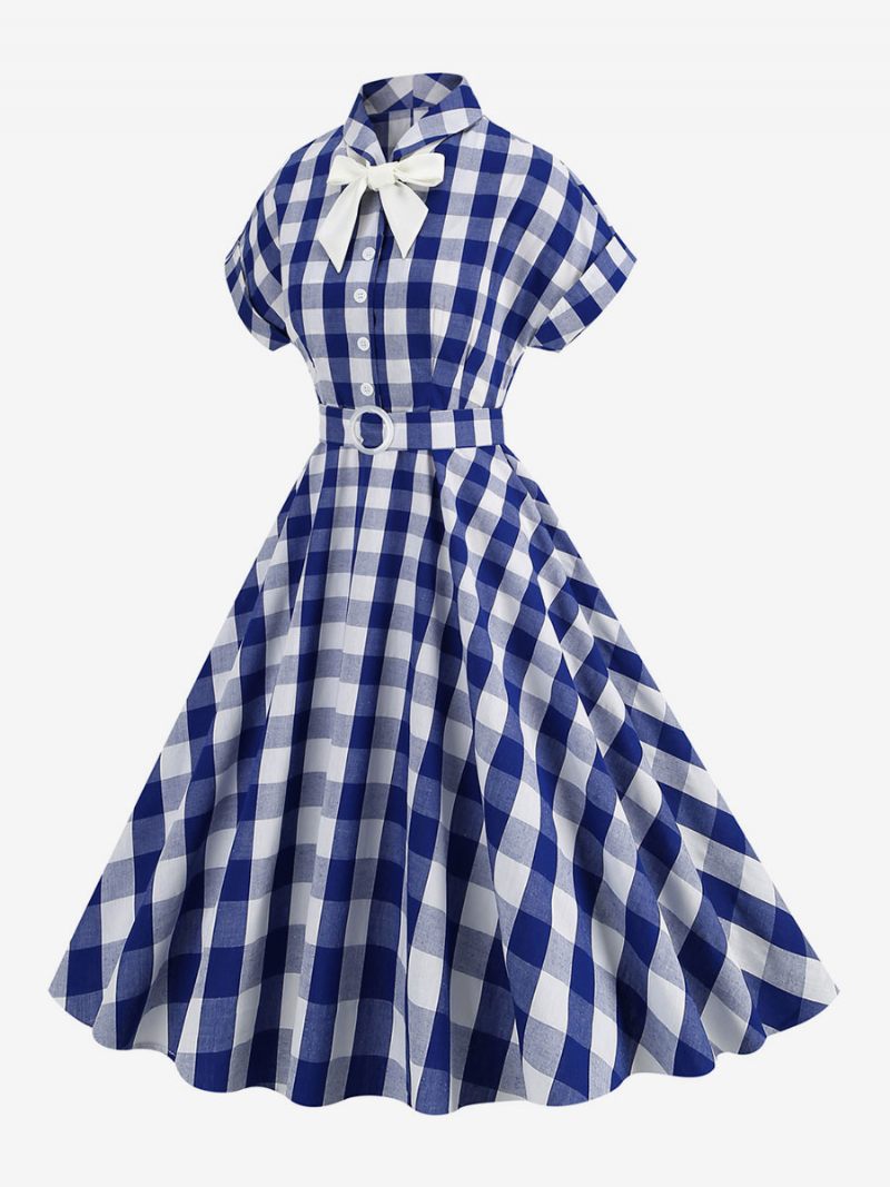 Robe Barbie Rose Vichy Pour Femme Vintage À Carreaux Manches Courtes Des Années 1950 - Bleu Profond