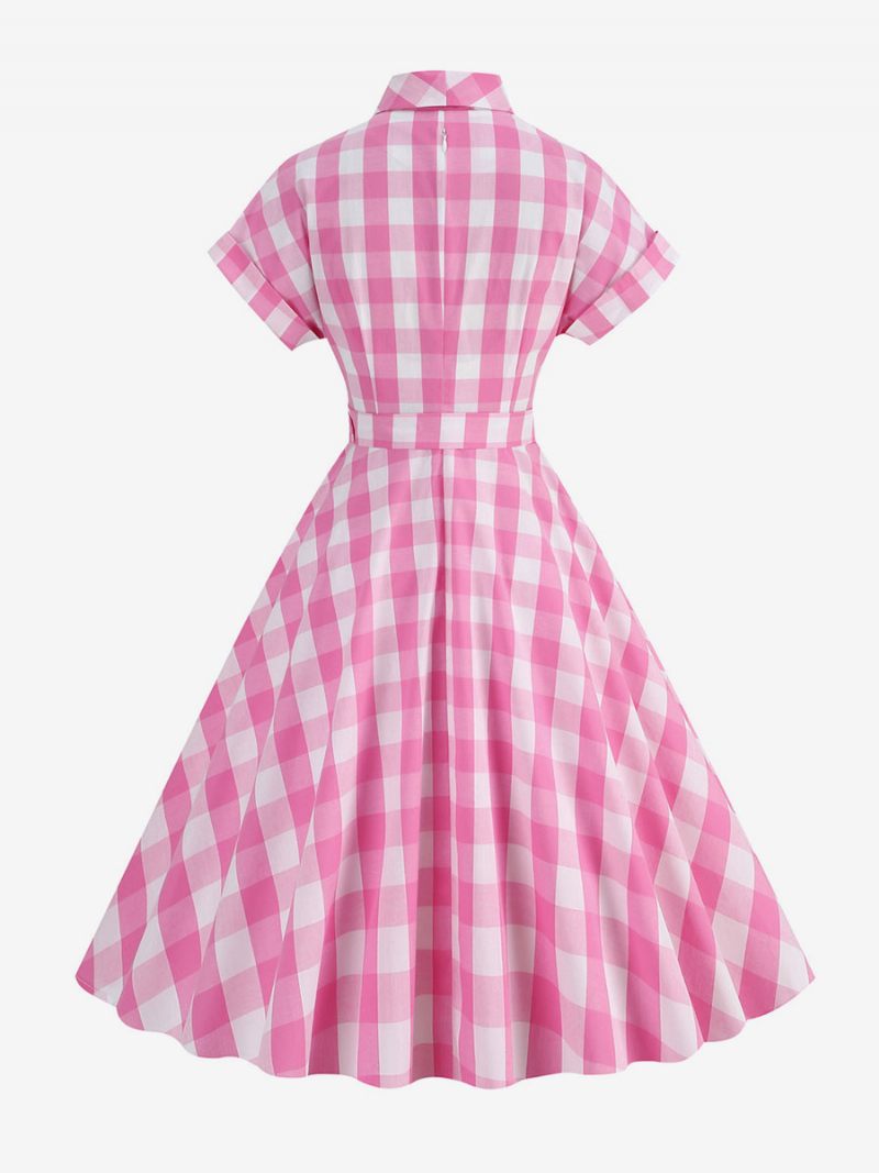 Robe Barbie Rose Vichy Pour Femme Vintage À Carreaux Manches Courtes Des Années 1950 - Rose