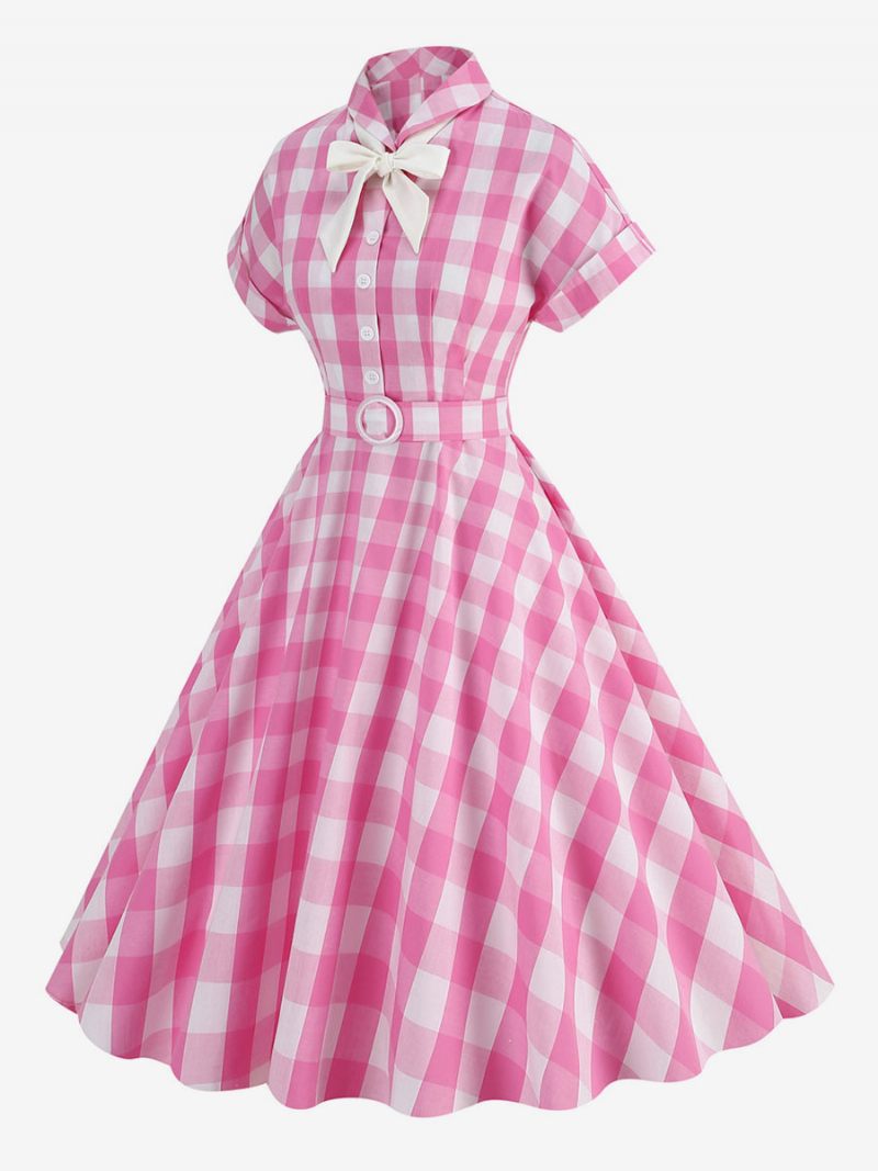 Robe Barbie Rose Vichy Pour Femme Vintage À Carreaux Manches Courtes Des Années 1950 - Rose