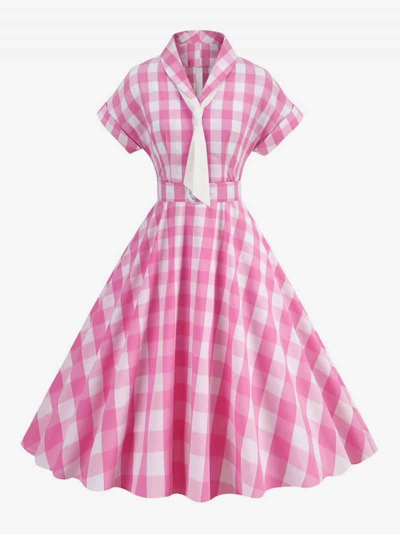 Robe Barbie Rose Vichy Pour Femme Vintage À Carreaux Manches Courtes Des Années 1950 - Rose