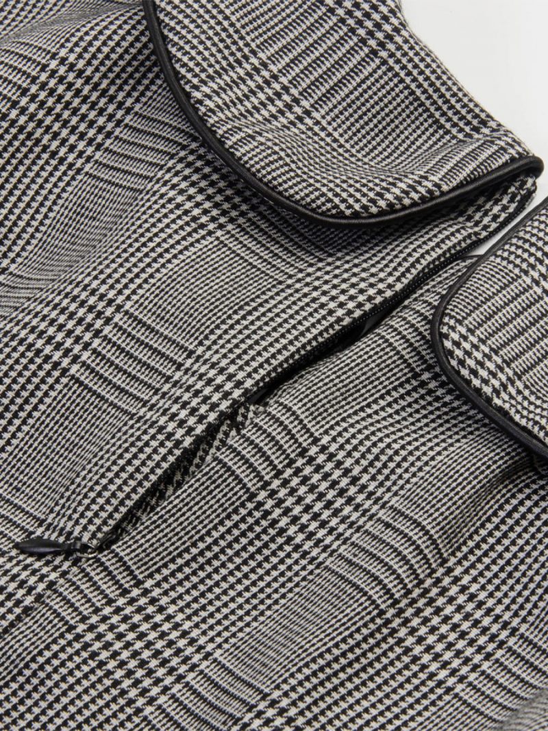 Robe À Carreaux Rétro Pour Femmes Col Irrégulier Ceinture Boutons Robes Jour - Noir