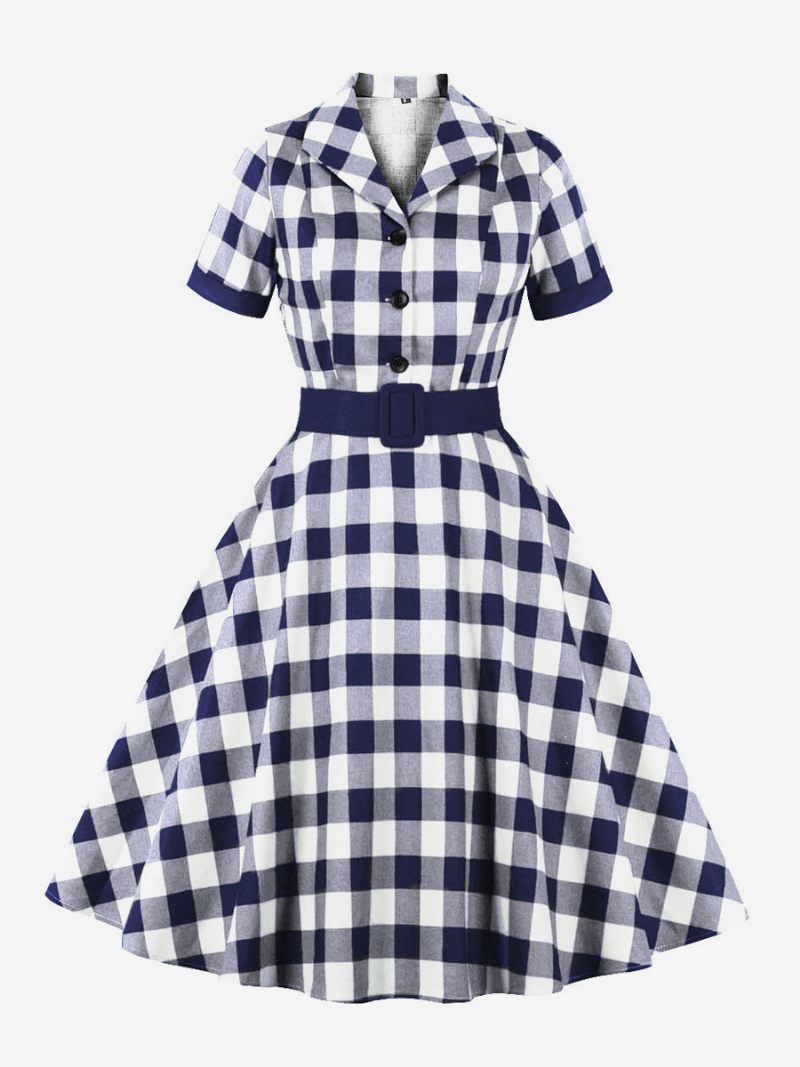 Robe Rétro Années 1950 Audrey Hepburn Style Bleu Gris Femmes Manches Courtes Rockabilly - Bleu Profond