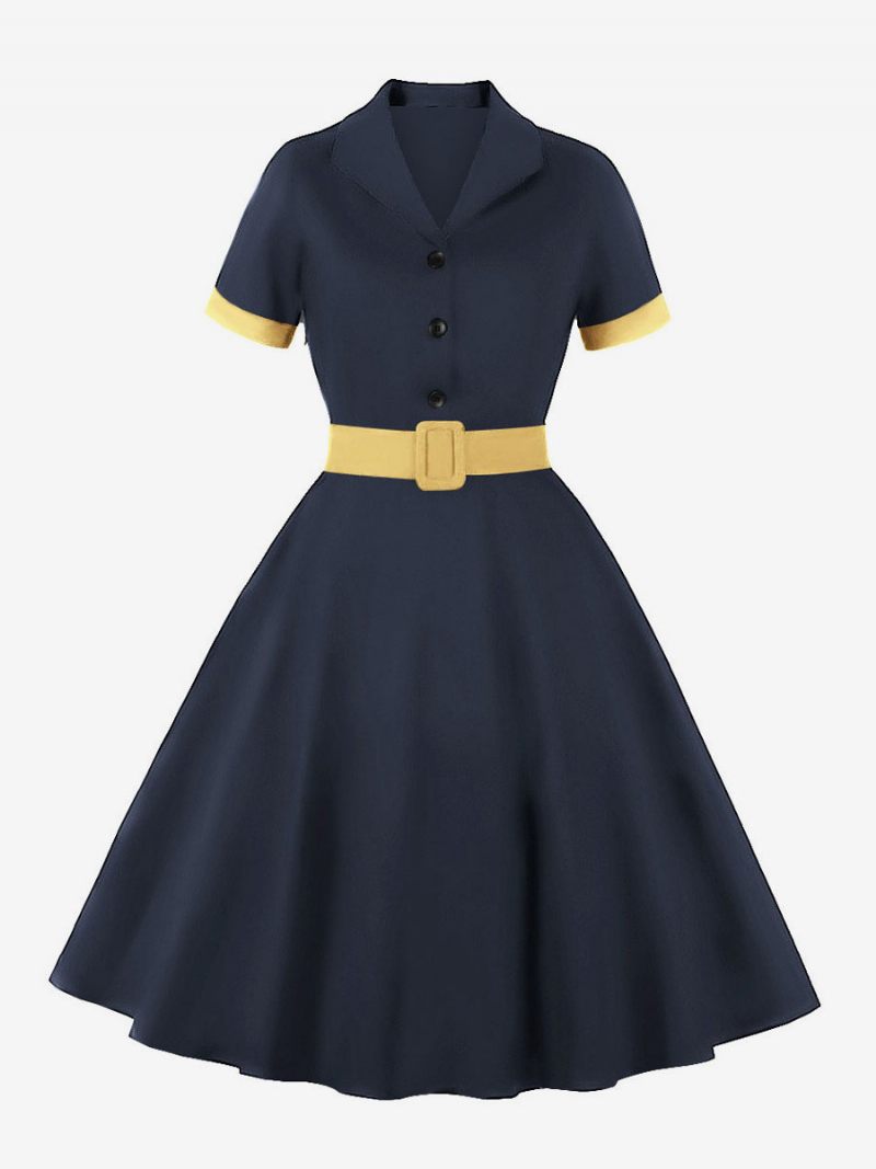 Robe Rétro Années 1950 Audrey Hepburn Style Bleu Gris Femmes Manches Courtes Rockabilly - Bleu Gris