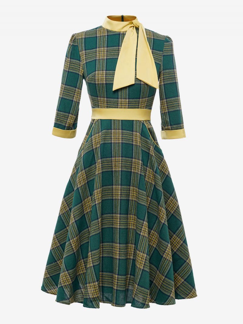 Robe Rétro Années 1950 Audrey Hepburn Style Café Marron Plaid Femmes Passepoil Demi Manches Col Haut Trapèze