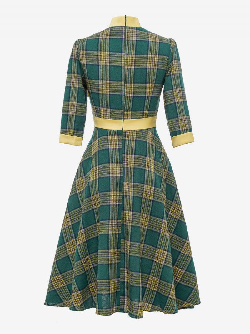 Robe Rétro Années 1950 Audrey Hepburn Style Café Marron Plaid Femmes Passepoil Demi Manches Col Haut Trapèze - Vert