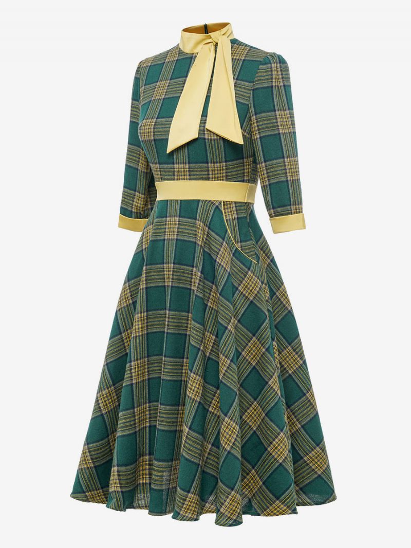 Robe Rétro Années 1950 Audrey Hepburn Style Café Marron Plaid Femmes Passepoil Demi Manches Col Haut Trapèze - Vert