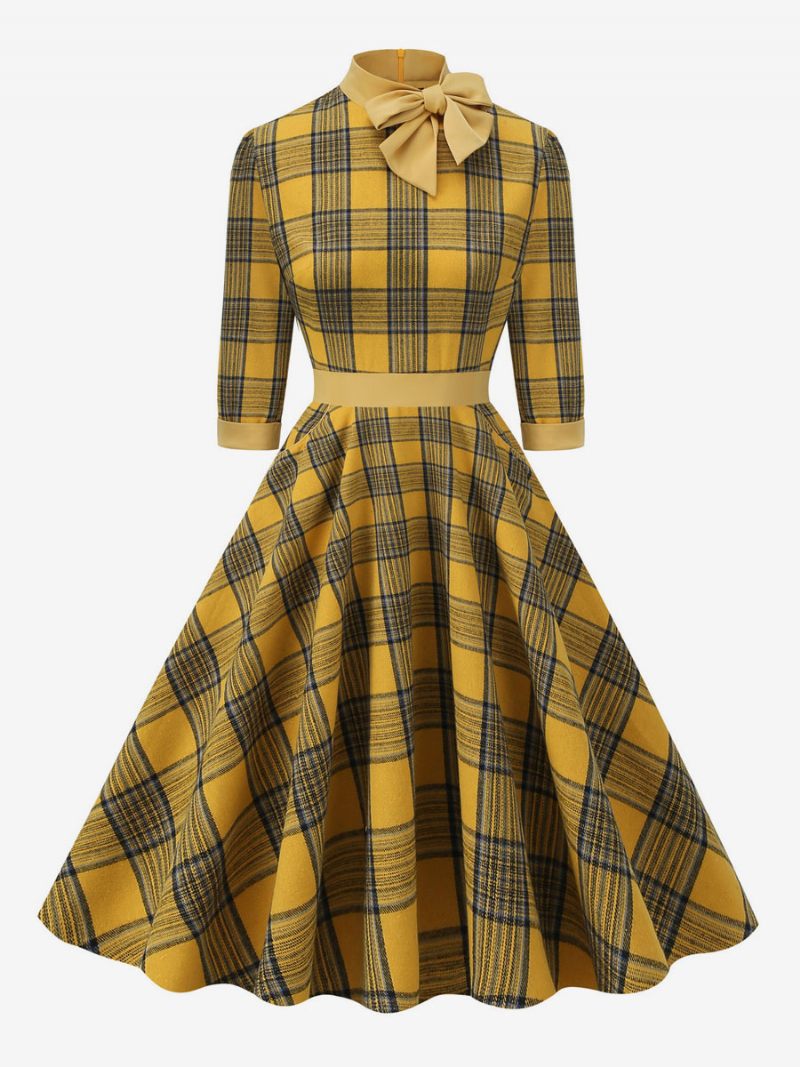 Robe Rétro Années 1950 Audrey Hepburn Style Café Marron Plaid Femmes Passepoil Demi Manches Col Haut Trapèze - Jaune