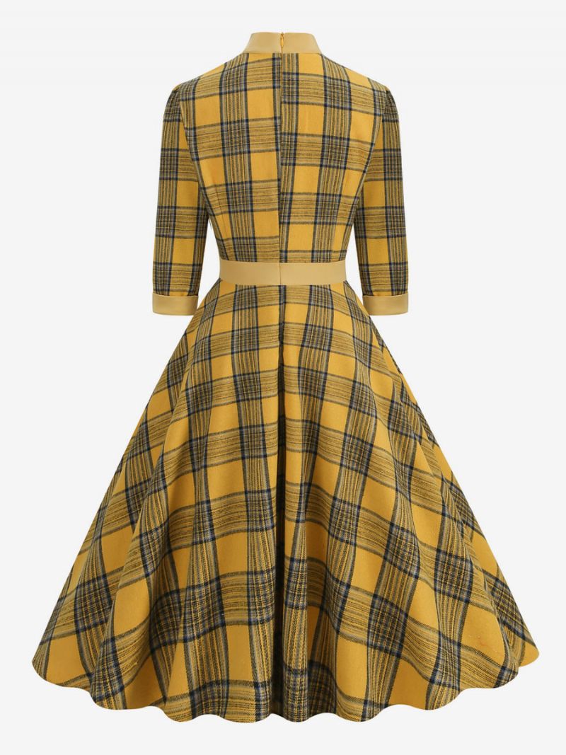 Robe Rétro Années 1950 Audrey Hepburn Style Café Marron Plaid Femmes Passepoil Demi Manches Col Haut Trapèze - Jaune