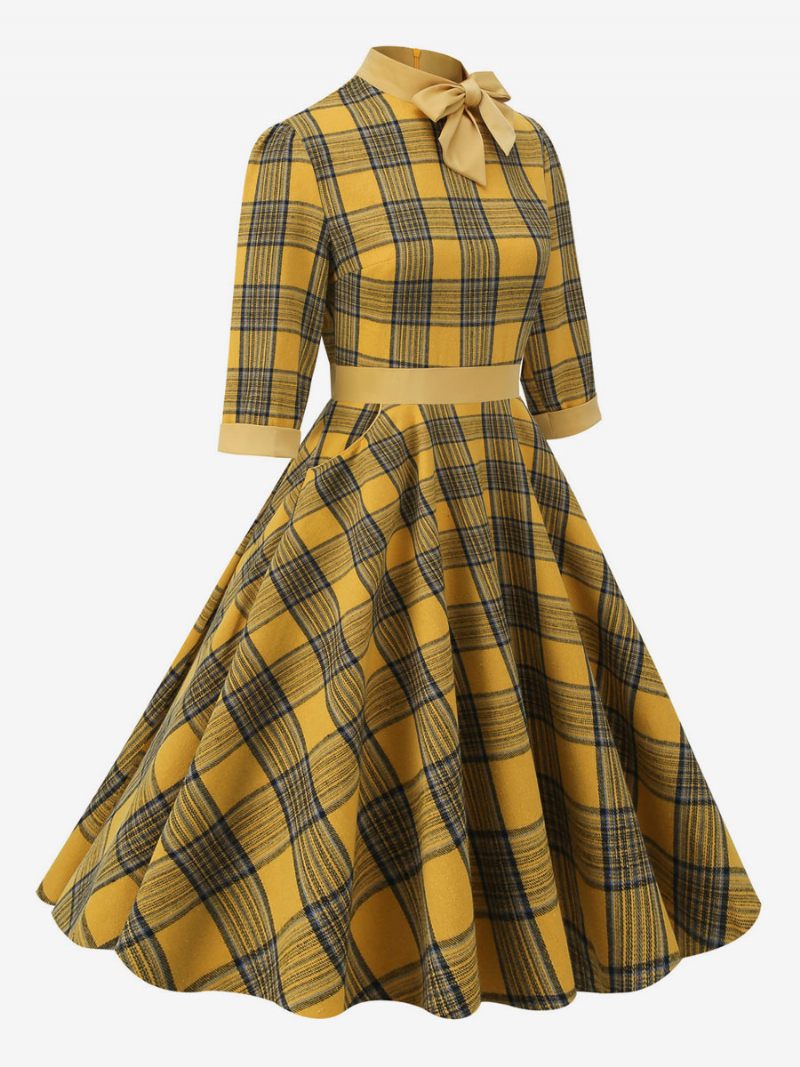 Robe Rétro Années 1950 Audrey Hepburn Style Café Marron Plaid Femmes Passepoil Demi Manches Col Haut Trapèze - Jaune