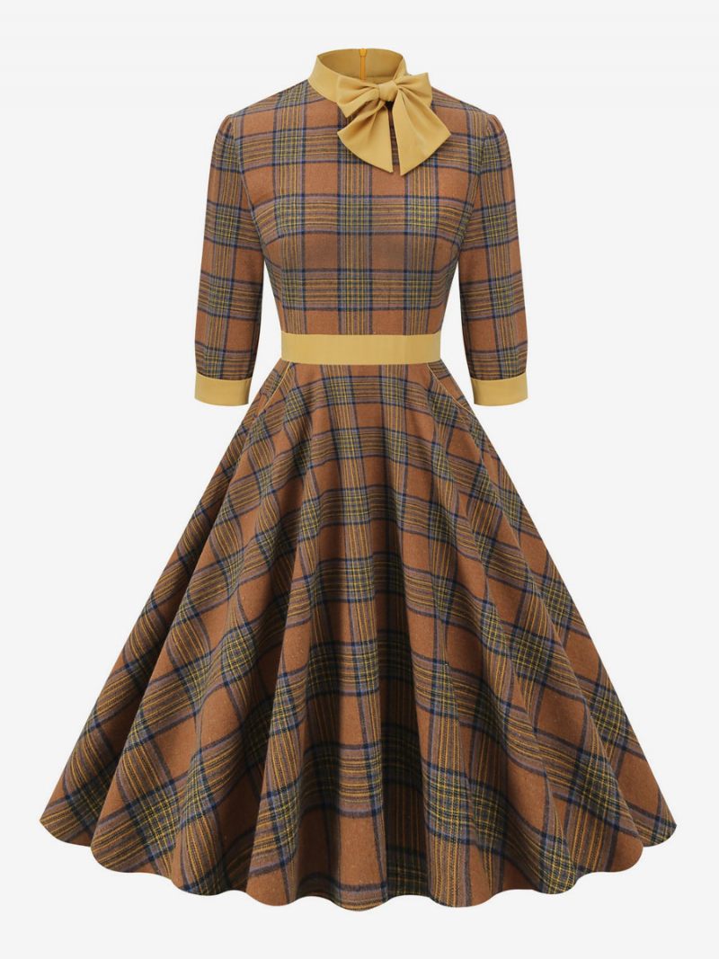 Robe Rétro Années 1950 Audrey Hepburn Style Café Marron Plaid Femmes Passepoil Demi Manches Col Haut Trapèze - Café Marron