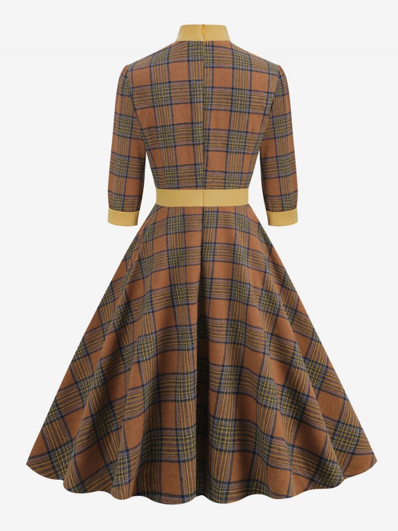 Robe Rétro Années 1950 Audrey Hepburn Style Café Marron Plaid Femmes Passepoil Demi Manches Col Haut Trapèze - Café Marron