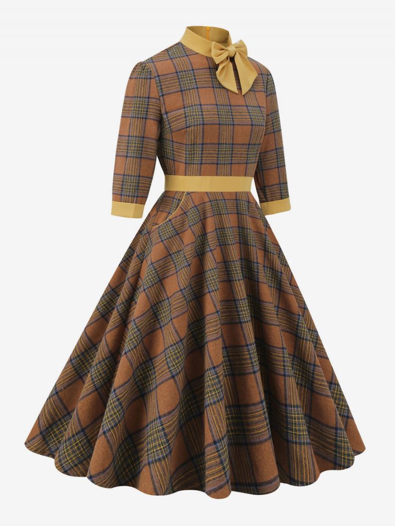 Robe Rétro Années 1950 Audrey Hepburn Style Café Marron Plaid Femmes Passepoil Demi Manches Col Haut Trapèze - Café Marron