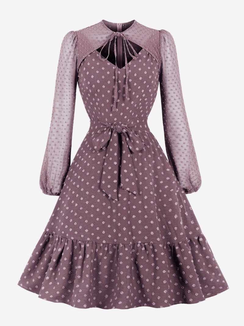 Robe Rétro Années 1950 Audrey Hepburn Style Manches Longues Femme Longueur Genou Trapèze - Violet