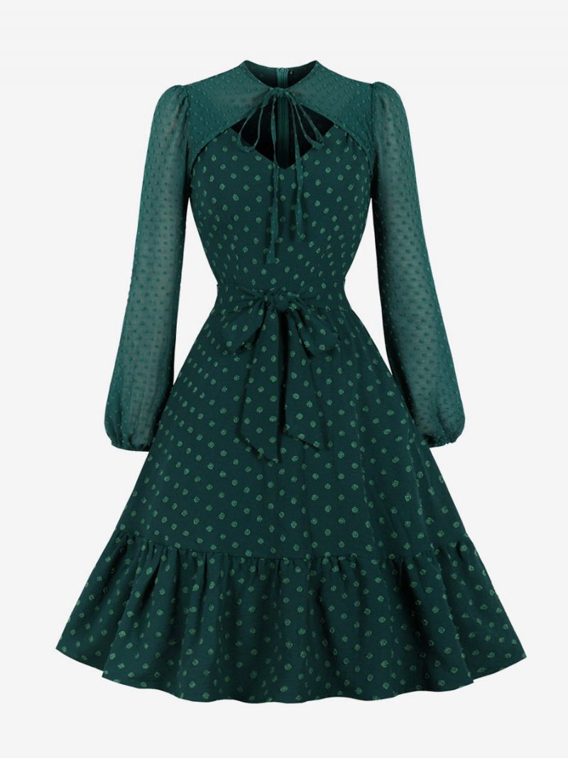 Robe Rétro Années 1950 Audrey Hepburn Style Manches Longues Femme Longueur Genou Trapèze - Vert Foncé