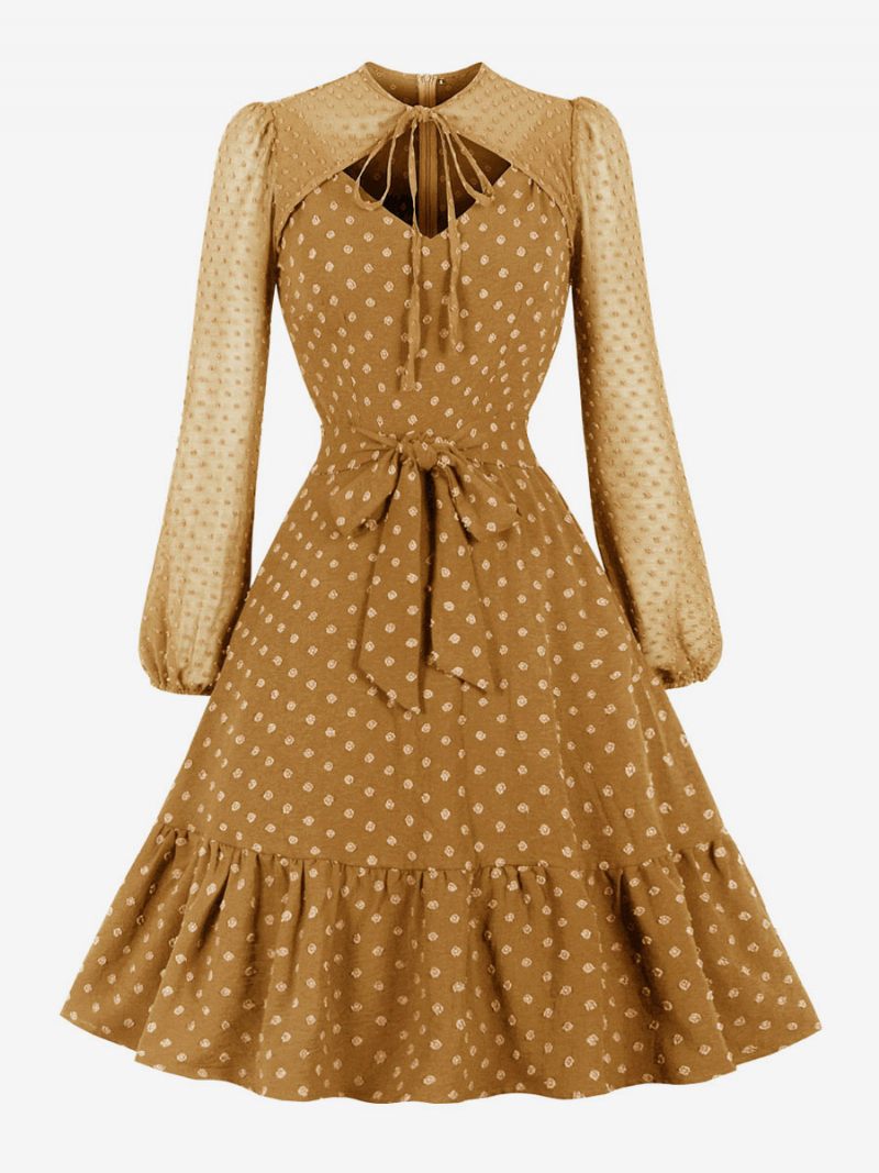 Robe Rétro Années 1950 Audrey Hepburn Style Manches Longues Femme Longueur Genou Trapèze - Jaune