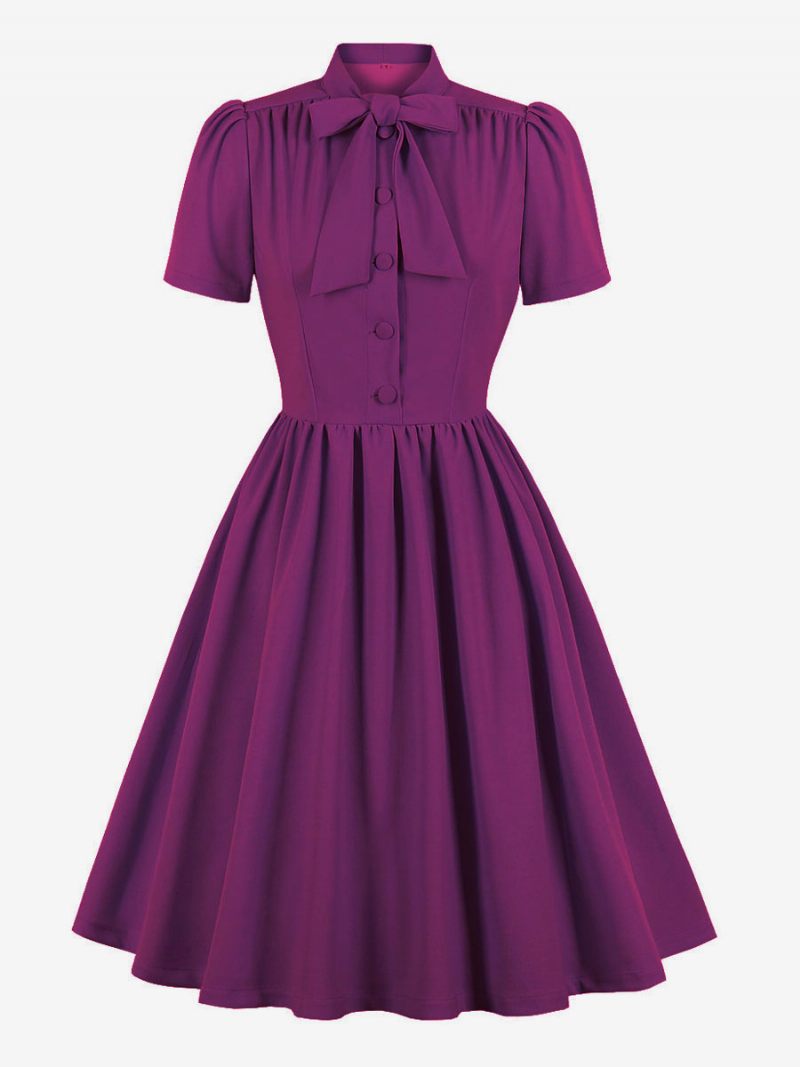 Robe Rétro Années 1950 Audrey Hepburn Style Marine Femmes Manches Courtes Trapèze - Violet