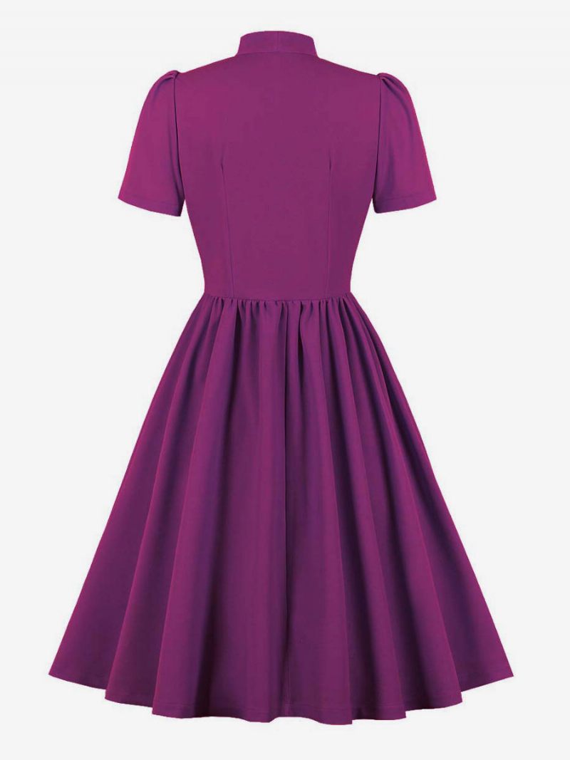 Robe Rétro Années 1950 Audrey Hepburn Style Marine Femmes Manches Courtes Trapèze - Violet