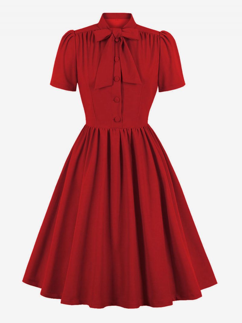 Robe Rétro Années 1950 Audrey Hepburn Style Marine Femmes Manches Courtes Trapèze - Rouge