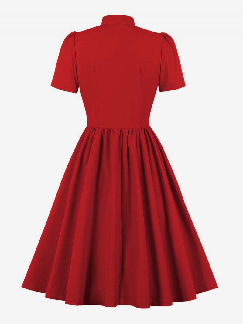 Robe Rétro Années 1950 Audrey Hepburn Style Marine Femmes Manches Courtes Trapèze - Rouge