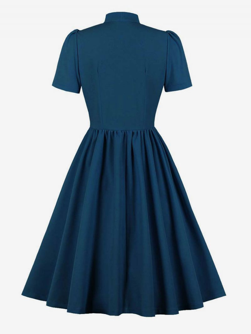 Robe Rétro Années 1950 Audrey Hepburn Style Marine Femmes Manches Courtes Trapèze - Bleu Marine