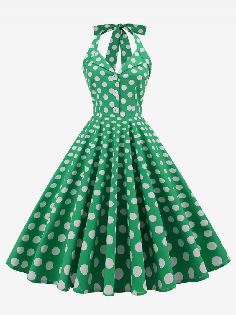 Robe Rétro Années 1950 Audrey Hepburn Style Marine Foncé À Pois Boutons Pour Femmes Sans Manches Licou Rockabilly