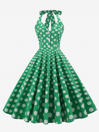 Robe Rétro Années 1950 Audrey Hepburn Style Marine Foncé À Pois Boutons Pour Femmes Sans Manches Licou Rockabilly