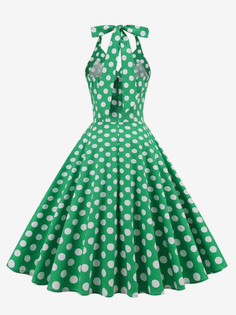 Robe Rétro Années 1950 Audrey Hepburn Style Marine Foncé À Pois Boutons Pour Femmes Sans Manches Licou Rockabilly - Vert