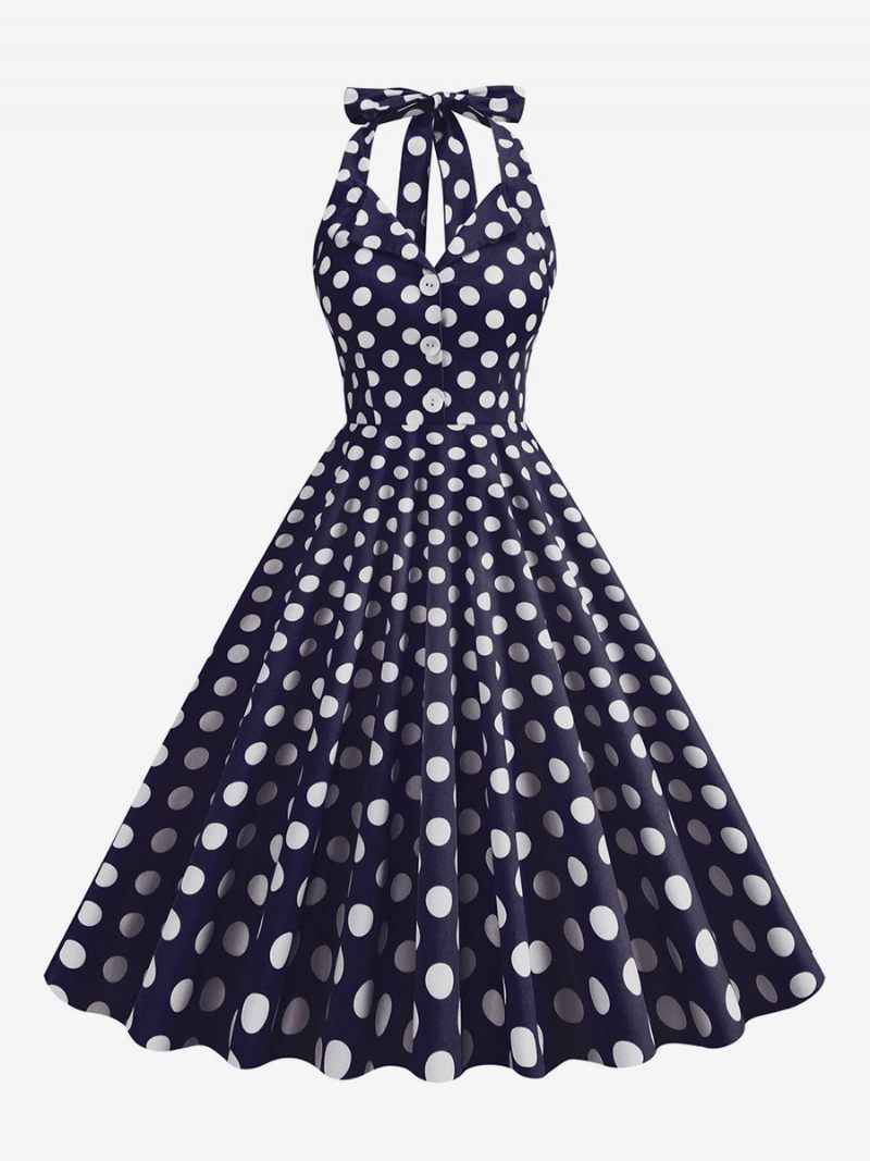 Robe Rétro Années 1950 Audrey Hepburn Style Marine Foncé À Pois Boutons Pour Femmes Sans Manches Licou Rockabilly - Marine Foncé