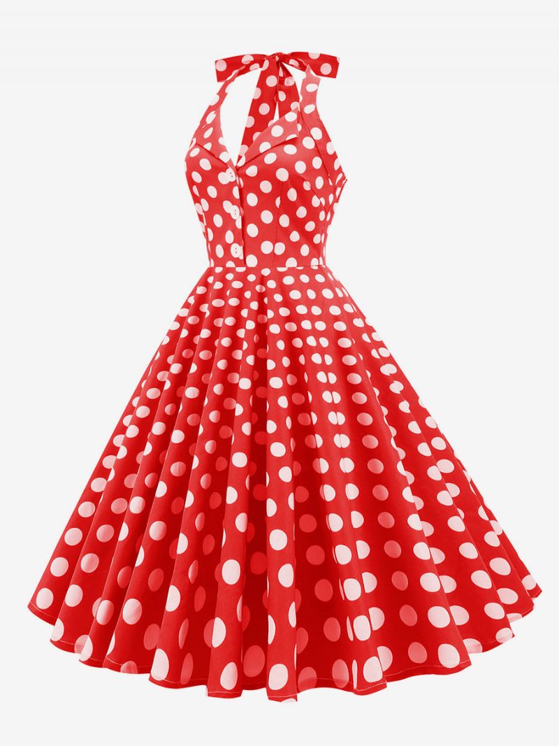 Robe Rétro Années 1950 Audrey Hepburn Style Marine Foncé À Pois Boutons Pour Femmes Sans Manches Licou Rockabilly - Rouge