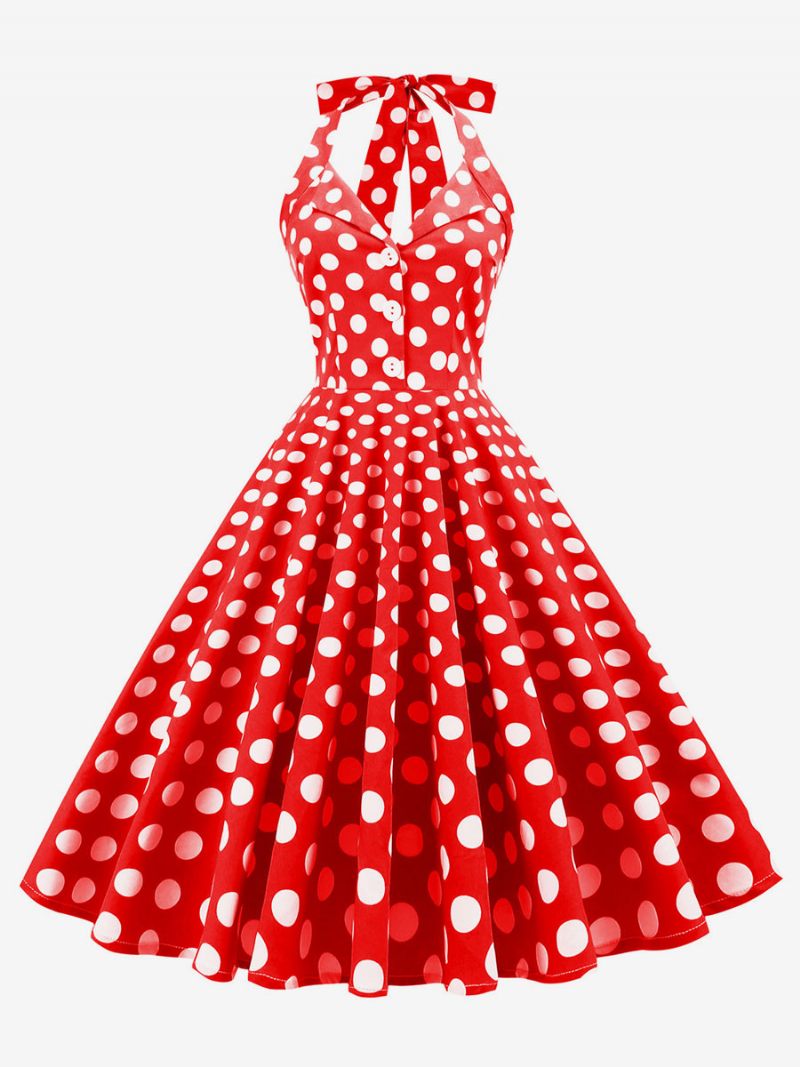 Robe Rétro Années 1950 Audrey Hepburn Style Marine Foncé À Pois Boutons Pour Femmes Sans Manches Licou Rockabilly - Rouge